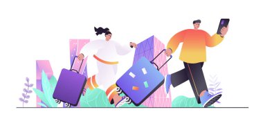 Web afişi için seyahat tatili konsepti. Erkek ve kadın seyahat ediyor ve hemen havaalanına gidiyorlar, gezginler modern insan sahnesine çıkıyorlar. Düz çizgi film tasarımı ve insan karakterleri ile illüstrasyon