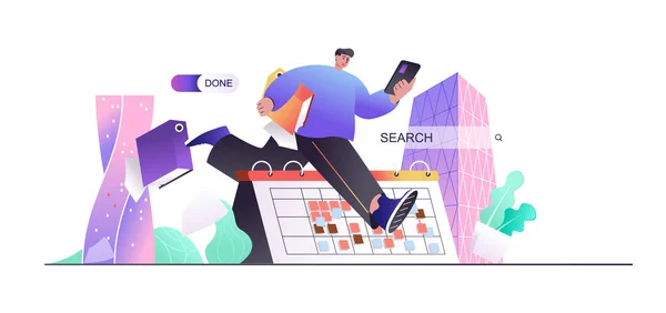 Business planning concept for web banner. Man doing work tasks, hurrying to deadline, time management in office modern people scene. Illustration in flat cartoon design with person characters