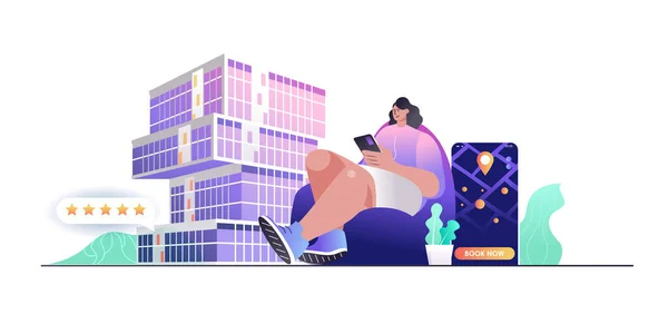 Hotel booking concept for web banner. Woman traveler reserves room or apartment in mobile app for vacation, modern people scene. Illustration in flat cartoon design with person characters