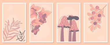 Soyut botanik duvar sanat seti. Viburnum, Rowan ve diğer meyveler dallarda, mantarlarda ve farklı türde yapraklarda. Posterler, kapaklar ve baskılar için İskandinav tasarımında vektör illüstrasyonu