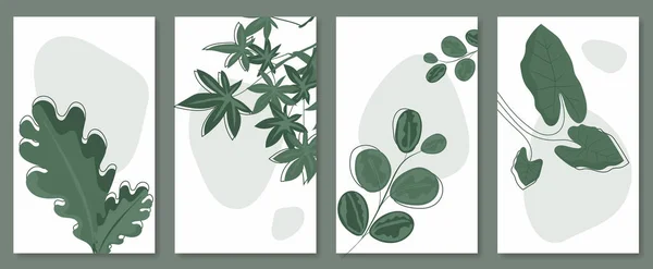 Abstrakt Botanisk Väggkonst Gröna Blad Lövverk Och Växter Olika Slag — Stock vektor