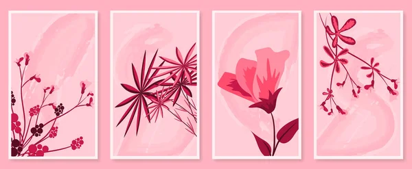 Abstract Botanical Wall Art Set Pink Flowers Leaves Blooming Blossoms — Stock Vector