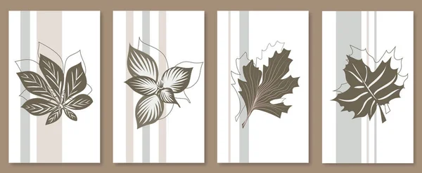 摘要植物墙艺术套件 枫树和不同类型的树叶在条纹图案背景上的轮廓 招贴画 封面和印刷品丑闻设计中的矢量图解 — 图库矢量图片