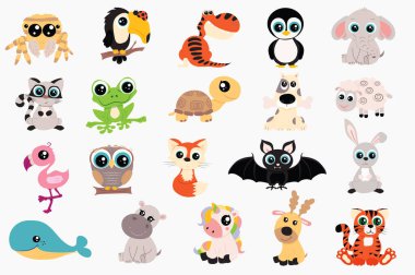 Çizgi film dizaynında sevimli hayvanlar. Örümcek, tukan, dinozor, penguen, fil, kedi, kurbağa, kaplumbağa, köpek, koyun, flamingo, baykuş, tilki, yarasa ve diğerleri. Görüntü izole ögeler