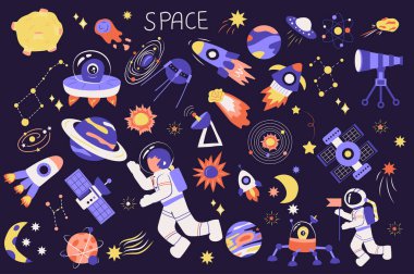 Çizgi film dizaynında uzay şirinliği. Gezegen, kuyruklu yıldız, UFO, roket, uydu, teleskop, takımyıldız, astronot, ay, uzay gemisi ve diğerleri. Görüntü izole ögeler