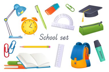 Okul aletleri 3 boyutlu gerçekçi set. Masa lambası, kalem, silgi, ataç, cetvel, mezuniyet şapkası, kalem kutusu, ders kitapları, sırt çantası, keçeli kalem ve diğer izole öğeler. Görüntü
