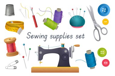 Dikiş aletleri 3D gerçekçi set. Yüksük, iğne, iğne, tutacakta iğne, makarada ip, düğmeler, mezura, dikiş makinesi, iplik ve diğer yalıtılmış elementler. Görüntü