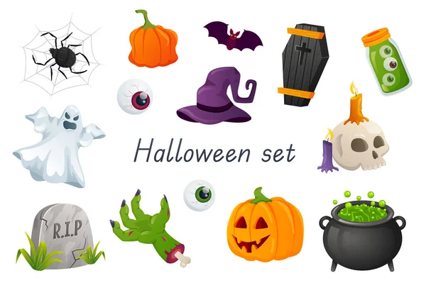 Wystrój Halloween Symbole Realistyczny Zestaw Pakiet Pająka Sieci Dynia Nietoperz — Zdjęcie stockowe