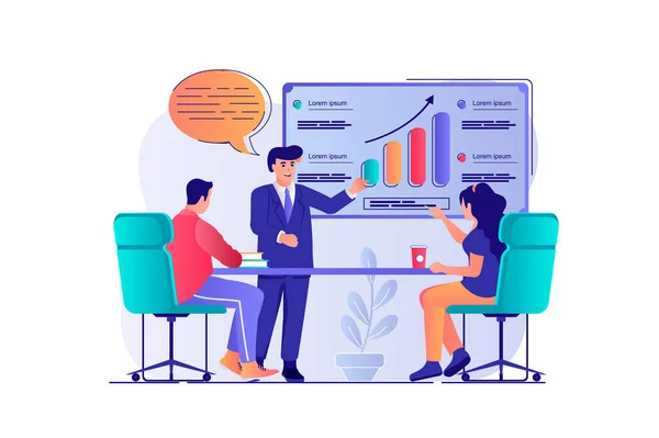 Business meeting concept with people scene. Man and woman discussing presentation, doing work tasks and create company financial strategy. Vector illustration with characters in flat design for web