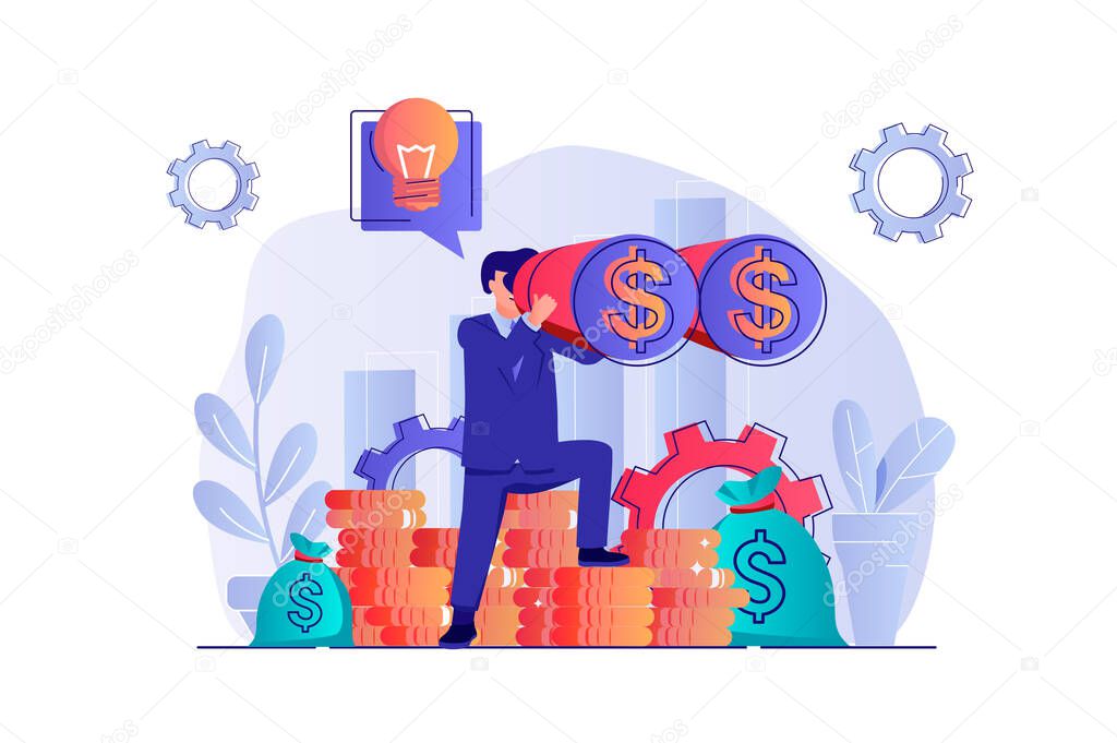 Business vision concept with people scene. Businessman looking binoculars, generates new ideas and project mission, motivation in work. Vector illustration with characters in flat design for web