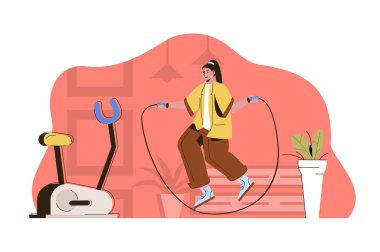 Aktif spor konsepti. İp atlayan kadın. Beden eğitiminde kardiyo çalışması. Vücut egzersizleri, spor salonundaki insanlar. Web sitesi ve mobil site için düz karakter tasarımı ile illüstrasyon