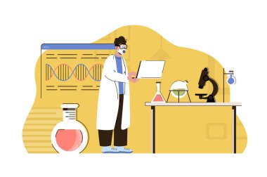 Biyolojik keşifler kavramı. Bilimadamı laboratuvar durumlarında araştırma yapmaktadır. Mikrobiyolojik testler. Web sitesi ve mobil site için düz karakter tasarımı ile illüstrasyon