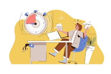 Son teslim tarihi kavramı yakılıyor. Kızgın çalışan, iş yerini tamamlayamaz. İş stresi, zaman yönetimi insanları sahnesi. Web sitesi ve mobil site için düz karakter tasarımı ile illüstrasyon