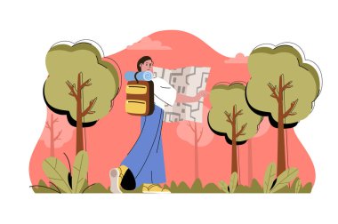 Orman konseptinde kamp yapmak. Sırt çantası ve haritası olan kadın yürüyüşe çıkıyor. Açık hava aktiviteleri, yürüyüş yapan insanlar. Web sitesi ve mobil site için düz karakter tasarımı ile illüstrasyon