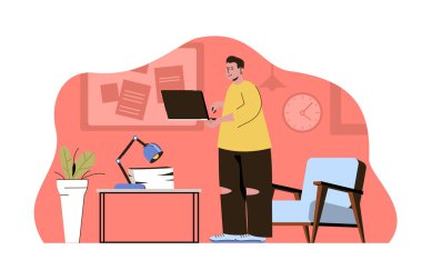 Ortak çalışma konsepti. Çalışan, çevrimiçi durumla iletişime geçerek iş arkadaşlarıyla birlikte çalışır. Uzaktan kumandalı ekip çalışması sahnesi. Web sitesi ve mobil site için düz karakter tasarımı ile illüstrasyon