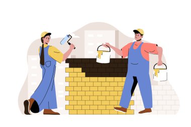İnşaat ekibi konsepti. Boyacılar duvarı boyar, inşaatçılar inşaat alanında çalışır. Emlak işi yapanlar sahnesi. Web sitesi ve mobil site için düz karakter tasarımı ile illüstrasyon