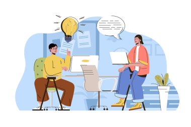 Ortak ofis konsepti. Beyin fırtınası yapan ve birlikte çalışan çalışanlar. İş arkadaşı ya da iş arkadaşı sahnesi. Web sitesi ve mobil site için düz karakter tasarımı ile illüstrasyon