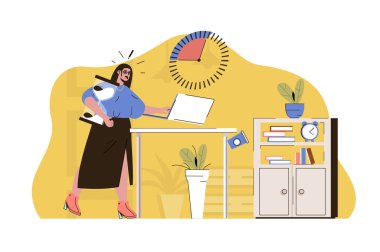 Çıtır zaman konsepti. Kadınlar zamanı gelince işlerini tamamlayamazlar. İş bitimi, iş stresi, insanlar sahnesi. Web sitesi ve mobil site için düz karakter tasarımı ile illüstrasyon