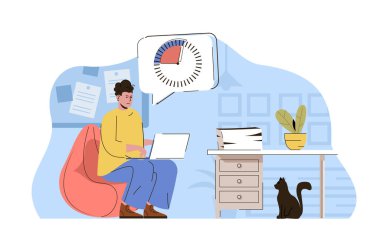 Teslim tarihi yaklaşıyor konsept. Çalışan çalışıyor ve zaman durumuyla ilgili görevi tamamlamaya çalışıyor. İş stresi insanlar sahnesi. Web sitesi ve mobil site için düz karakter tasarımı ile illüstrasyon