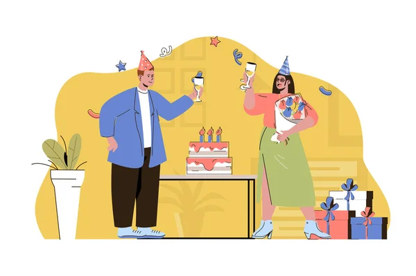 Birthday party concept. Man congratulates woman, gives her flowers bouquet situation. Festive event with cake people scene. Illustration with flat character design for website and mobile site