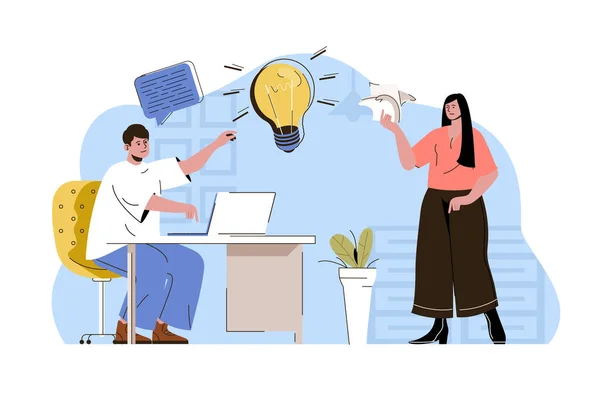 Business idea concept. Employees brainstorm and find creative solution to tasks situation. Office teamwork people scene. Illustration with flat character design for website and mobile site