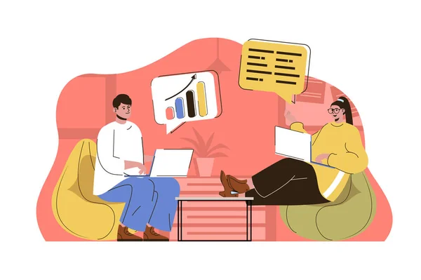 Business meeting concept. Colleagues discuss tasks, analyze report with data statistics situation. Teamwork people scene. Illustration with flat character design for website and mobile site