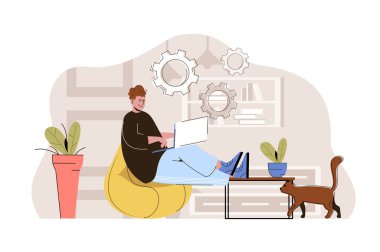 Profesyonel serbest meslek kavramı. Adam bilgisayarla evden çalışıyor, uzaktan kumandalı bir iş. Rahat iş yeri insanları sahnesi. Web sitesi ve mobil site için düz karakter tasarımı ile illüstrasyon