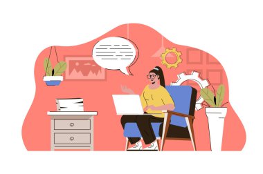 Uzaktan çalışma konsepti. Ev ofisinin bilgisayarında çalışan bir kadın. Serbest çalışan iş yerindeki insanların sahnesi. Web sitesi ve mobil site için düz karakter tasarımı ile illüstrasyon