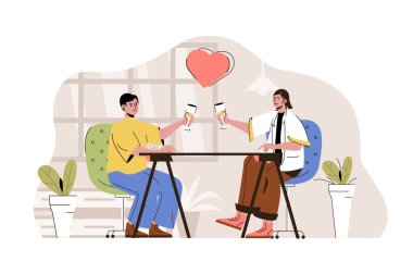 Romantik randevu konsepti. Lokanta ve içki durumlarında sevgili bir adam ve kadın. Çift sahnesinde ilişki. Web sitesi ve mobil site için düz karakter tasarımı ile illüstrasyon