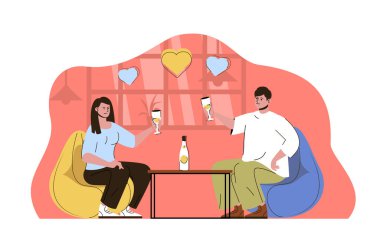 Romantik yemek konsepti. Restoran durumundaki kadın ve erkek randevudalar. Sevgi dolu bir çift, aile ilişkileri, insanlar. Web sitesi ve mobil site için düz karakter tasarımı ile illüstrasyon