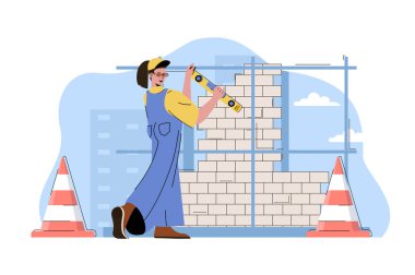 Gökdelen inşaat konsepti. İnşaat alanında çalışan kadın müteahhit. Emlak işi yapanlar sahnesi. Web sitesi ve mobil site için düz karakter tasarımı ile illüstrasyon
