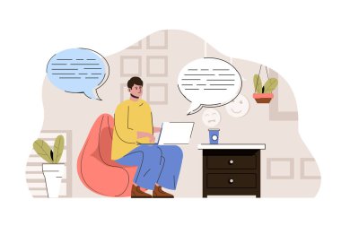 Sosyal medya konsepti. Adam sosyal ağlara takılıyor ve arkadaş durumuyla sohbet ediyor. Çevrimiçi iletişim insanları sahnesi. Web sitesi ve mobil site için düz karakter tasarımı ile illüstrasyon