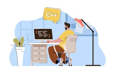 Yazılım mühendisliği kavramı. Programcı uygulamalar yaratıyor, bilgisayar durumlarında çalışıyor. İnsanların sahnelediği programların geliştirilmesi. Web sitesi ve mobil site için düz karakter tasarımı ile illüstrasyon