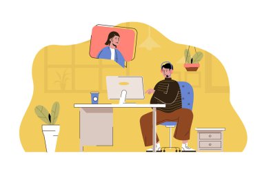 Destek merkezi konsepti. Adam görüntülü konuşma durumunda müşteriye danışıyor. Çağrı merkezi, yardım hattı operatörü, yardım hattı olay yeri. Web sitesi ve mobil site için düz karakter tasarımı ile illüstrasyon