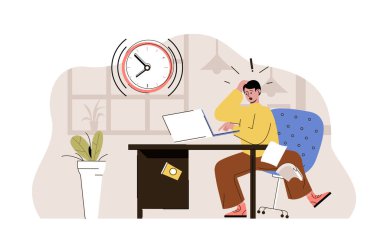 Son teslim tarihi konsepti. Stresli çalışanlar işi bitirmek için acele eder, zamanında yetişemezler. İnsanların iş sorunları. Web sitesi ve mobil site için düz karakter tasarımı ile illüstrasyon
