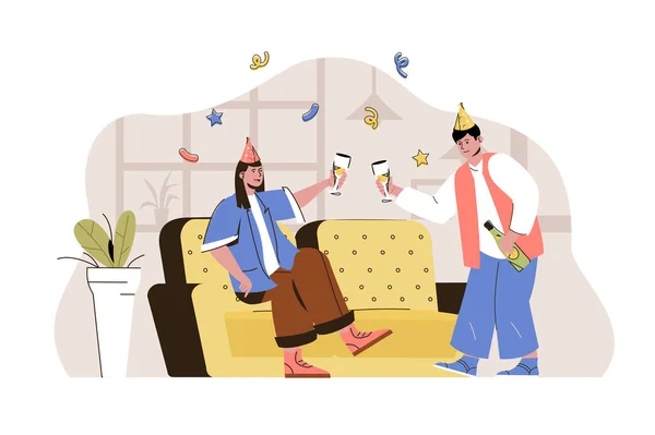 Party time concept. Couple in festive cones drinking and having fun situation. Celebrating holiday at home people scene. Illustration with flat character design for website and mobile site