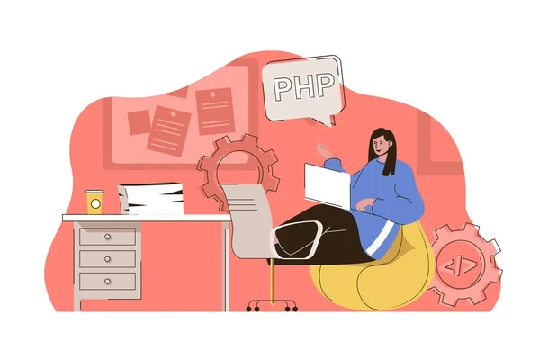 Programming tools concept. Woman works in different programming languages situation. Software development people scene. Illustration with flat character design for website and mobile site
