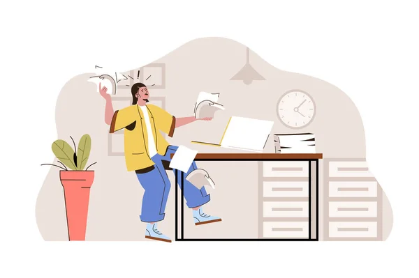 Time management concept. Employee scattered documents, hurries to finish work on time situation. Stress at work people scene. Illustration with flat character design for website and mobile site