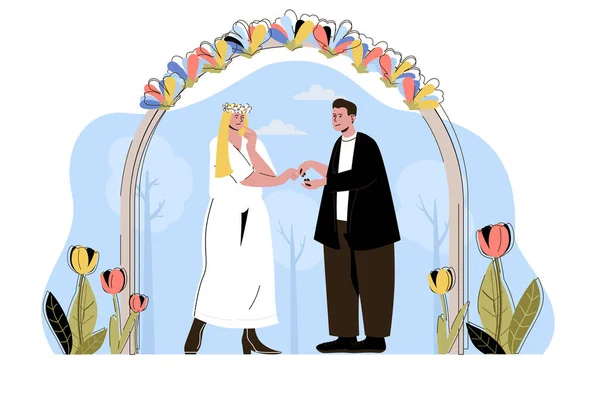 Σχέδιο Γαμήλιας Τελετής Νύφη Και Γαμπρός Ανταλλάσσουν Δαχτυλίδια Ζευγάρι Παντρεύεται — Φωτογραφία Αρχείου