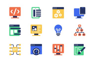 Basit düz dizaynlı web simgelerinin dizayn ve geliştirme konsepti. Kodlama, programlama, ayarlar, optimizasyon, fikir üretme, mühendislik ve diğerleri. Mobil uygulama için vektör resimtogramları