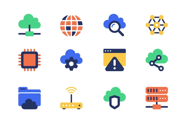 Concepto Tecnología Nube Iconos Web Establecidos Diseño Plano Simple Paquete — Archivo Imágenes Vectoriales