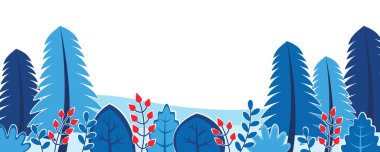 Manzara desenli kışın doğası. Çam ağaçları, çalılar, kırmızı böğürtlenli bitkiler ile karlı odunlu yatay sınır web pankartı. Web sitesi için düz tasarım çizimi