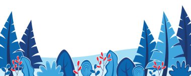 Manzara desenli kışın doğası. Her zaman yeşil ağaçlı, çalılı, kırmızı dutlu, yatay web pankartı. Web sitesi için düz tasarım mevsimsel sınır çizimi