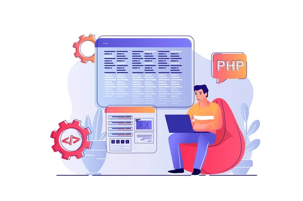 Programmer working concept with people scene. Man programming at computer, creates software, coding at laptop, testing and fixing bugs. Illustration with characters in flat design for web