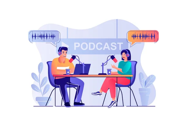Podcast Streaming Koncepció Emberek Jelenet Férfi Mikrofonba Beszél Élőben Közvetít — Stock Fotó