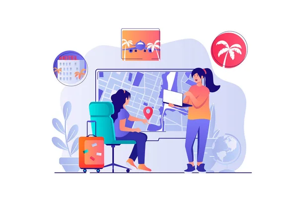 Travel agency concept with people scene. Woman chooses tour, operator helps tourist with traveling, booking hotel room and flight tickets. Illustration with characters in flat design for web