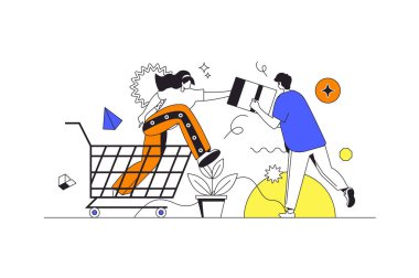 Karakterli tasarım ile ticaret ve alışveriş web konsepti. Erkek ve kadın alışverişler yapar, indirimlere bakar ve süpermarketlerde büyük anlaşmalar yapar. E-iş adamları sahnesi. Vektör illüstrasyonu.