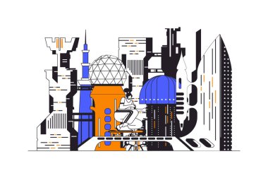 Karakterli tasarım içindeki fütürist megalopolis web konsepti. Kadın, soyut altyapısı, kablosuz ve Hitech teknolojisi olan akıllı bir şehirde yaşıyor. İnsanlar sahne alıyor. Vektör illüstrasyonu.