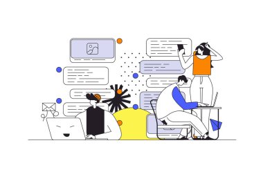 Karakterli tasarım ile servis web konsepti iletiliyor. Kadın ve erkek mesajlar yazar ve dizüstü bilgisayar programı kullanır, arkadaşlarıyla çevrimiçi iletişim kurar, insanlarla iletişim kurar. Vektör illüstrasyonu.