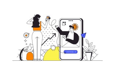 Mobil e-posta hizmeti web konsepti karakterli düz ana hatlı tasarım. Uygulamada kadın ve erkek çevrimiçi yazışmalar yapıyor. Müşteri tanıtım postaları okuyor, insanlar olay yerine gidiyor. Vektör illüstrasyonu.